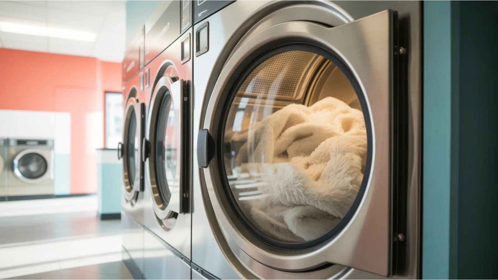 A large-capacity commercial washer with a comforter inside