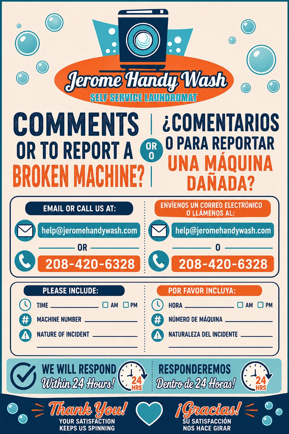 El letrero bilingüe de Jerome Handy Wash para comentarios o para reportar una máquina dañada, con el correo help@jeromehandywash.com y el teléfono 208-420-6328