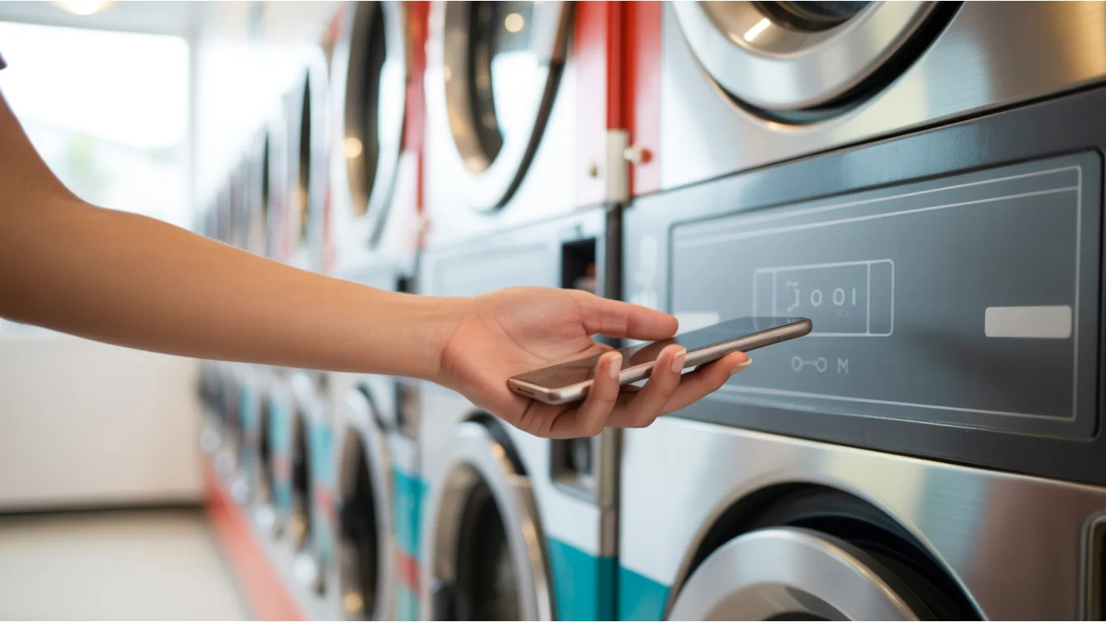 A hand using a phone to pay at a modern washing machine