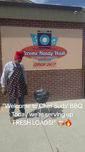 Chef Suds is serving up cleaner clothes at Jerome Handy Wash! No charcoal needed—just detergent and our top-of-the-line Speed Queen washers. 🧺🔥